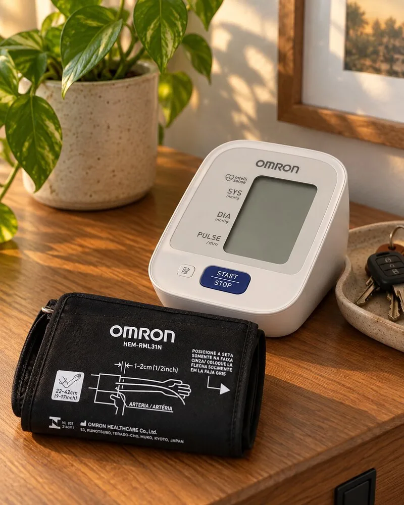 Omron HEM-7122 em cima de um aparador de madeira, com a braçadeira dobrada na frente