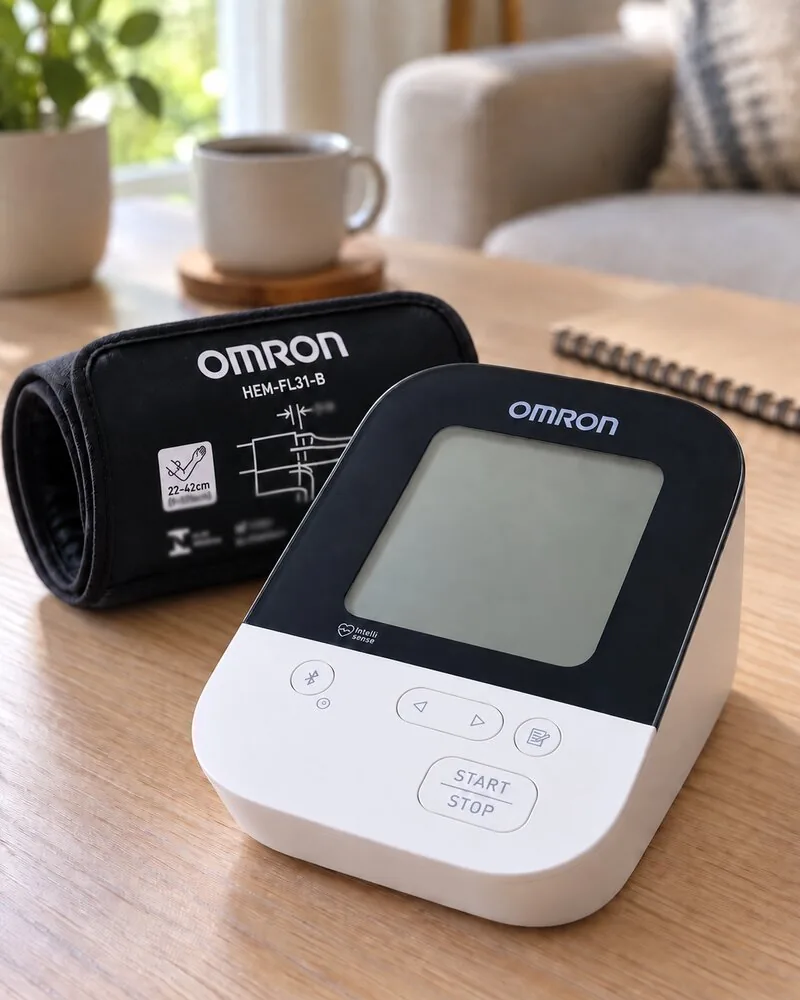 Omron HEM-7156T numa mesa clara da sala, ao lado da braçadeira e de uma xícara de café